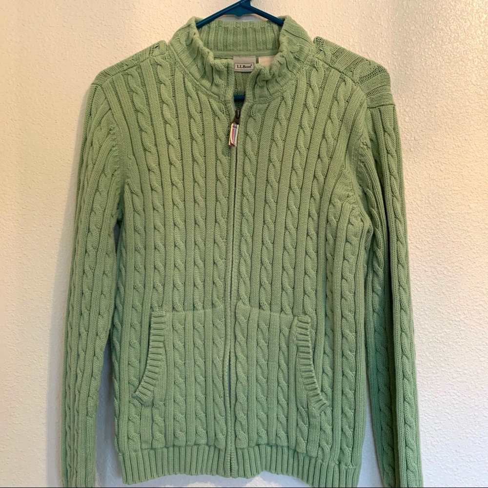 LL Bean Moss Green Cable Knit Zip Front Sweater